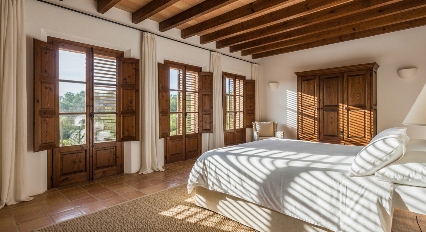 Mediterranean interior design detail showing local Mallorcan materials including marès stone and olive wood