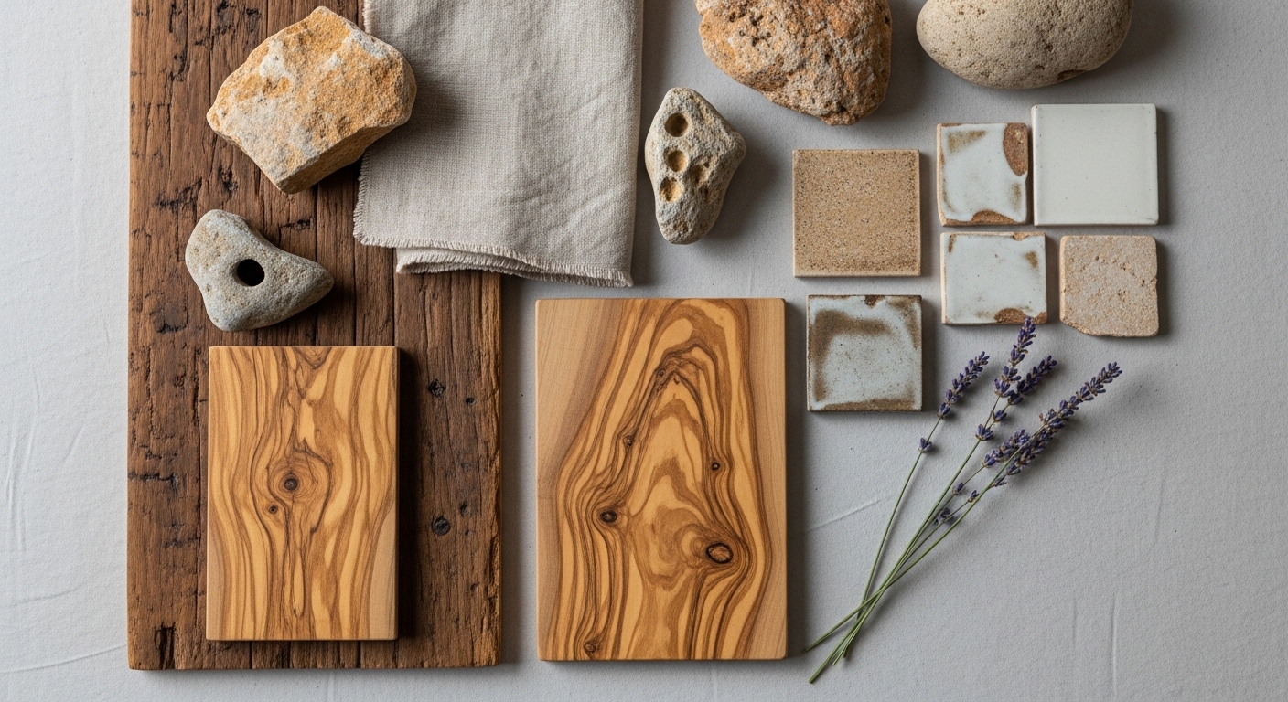Sustainable interior design detail showing local marès stone and handcrafted olive wood furniture in a Mallorca home