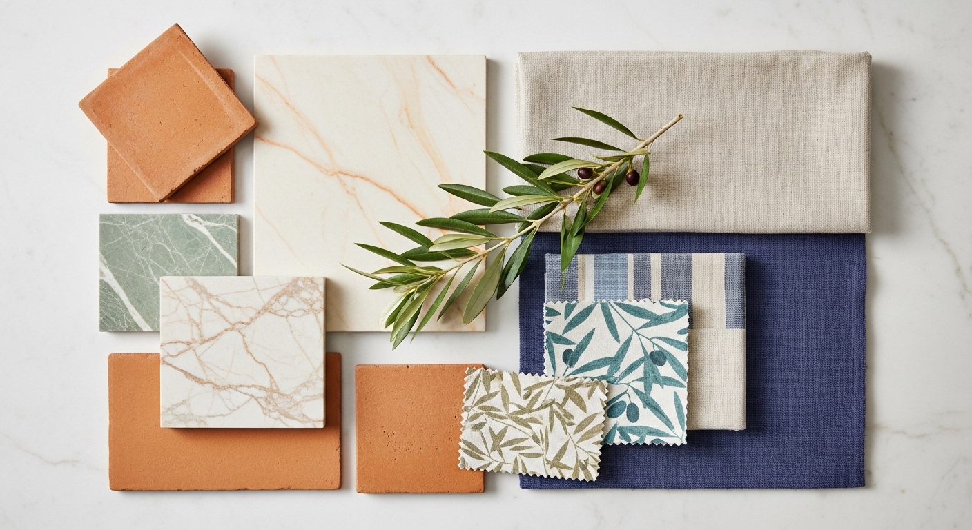 Interior designer reviewing material samples and floor plans for a Mallorca project