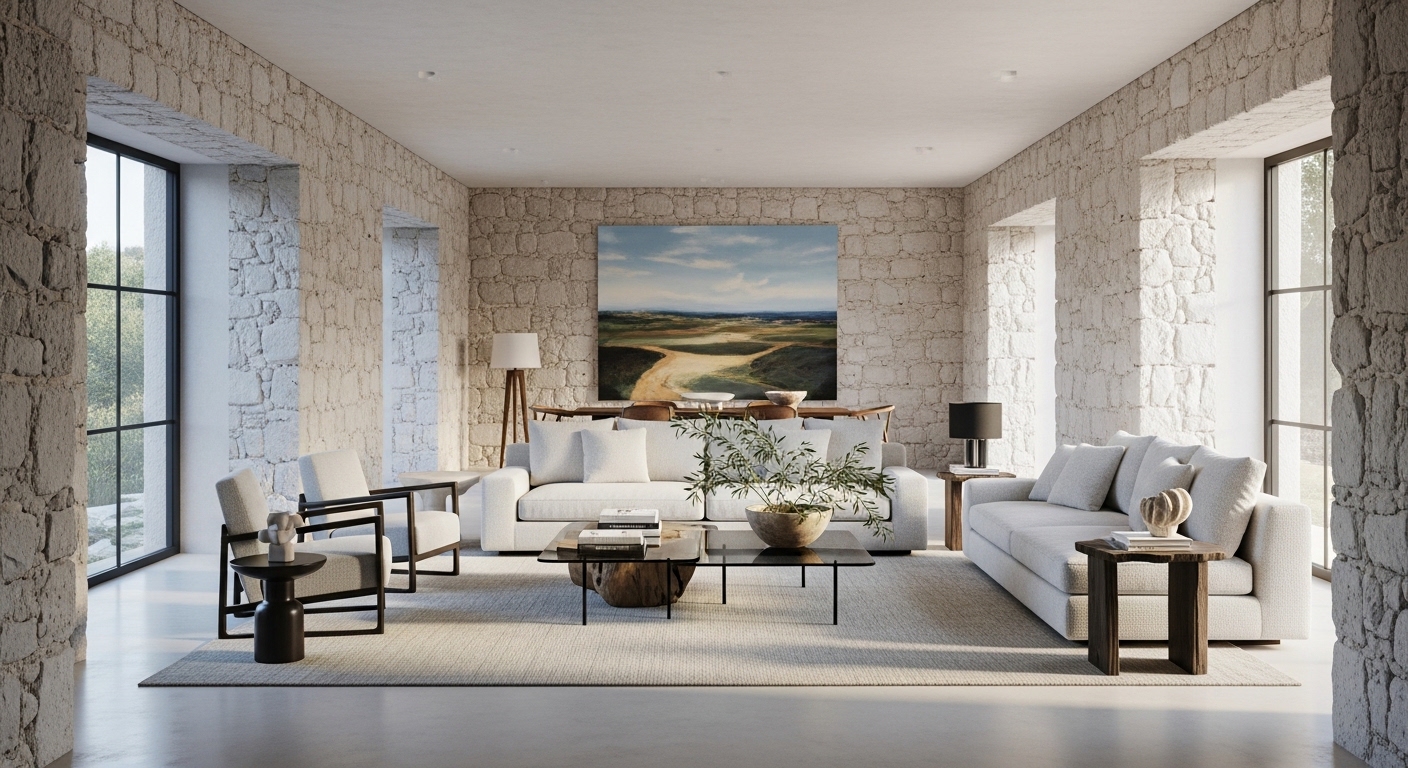 Interior of a renovated Mallorcan property showing the blend of traditional and modern design elements