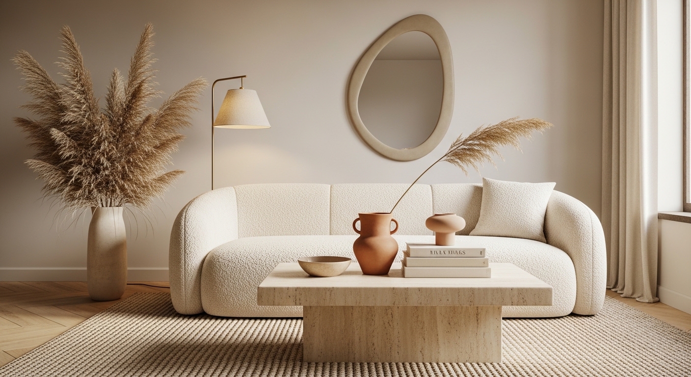 Modern Mallorcan interior showing the blend of warm minimalism with traditional rustic elements